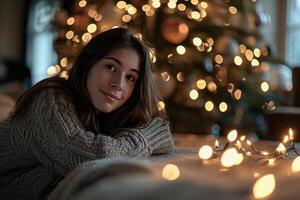 ai generado joven mujer relajante en frente de Navidad árbol foto