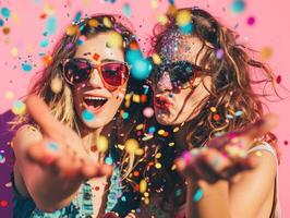 ai generado mujer en Gafas de sol y lentes en rosado antecedentes soplo papel picado foto