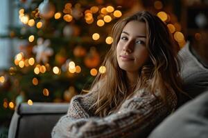 ai generado joven mujer relajante en frente de Navidad árbol foto