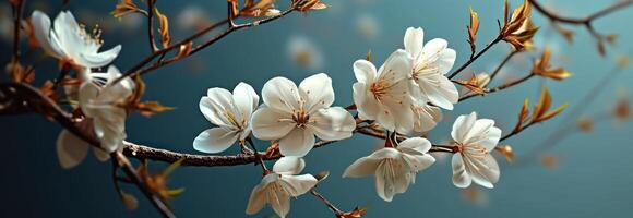 AI generated white flowers are on a branch against blue background photo