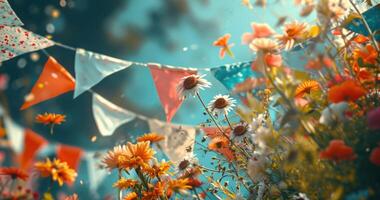 AI generated white and blue bunting with bright coloured flowers in them photo