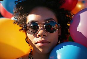 ai generado joven mujer en Gafas de sol siguiente a globos foto