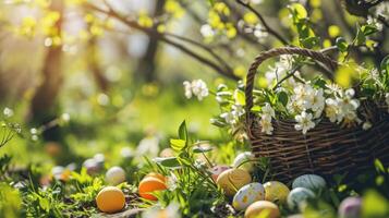 AI generated Easter-themed elements. The lush greenery, blossoming flowers, and scattered eggs photo