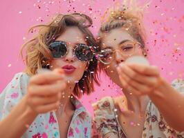 AI generated women in sunglasses and glasses on pink background blowing confetti photo