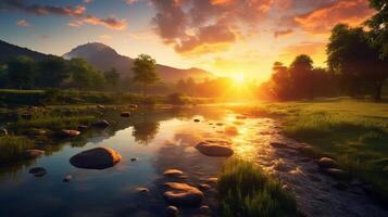 AI generated Riverbank Sunrise Background photo