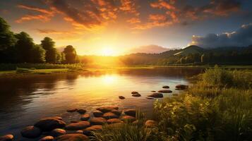 AI generated Riverbank Sunrise Background photo