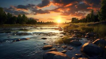 AI generated River Sunrise Background photo