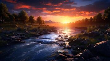 AI generated River Sunrise Background photo