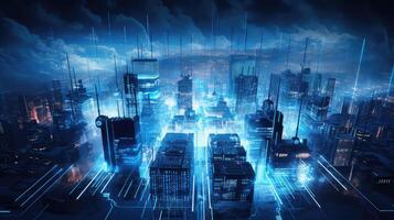 AI generated Abstract digital city background with glowing lights. Technology concept. photo