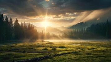 AI generated Rays of sunlight piercing through dense clouds, casting an ethereal glow on a serene meadow. photo