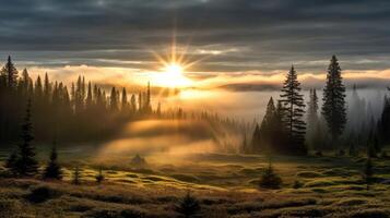 AI generated Rays of sunlight piercing through dense clouds, casting an ethereal glow on a serene meadow. photo