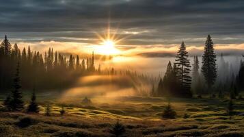 AI generated Rays of sunlight piercing through dense clouds, casting an ethereal glow on a serene meadow. photo