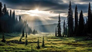 AI generated Rays of sunlight piercing through dense clouds, casting an ethereal glow on a serene meadow. photo