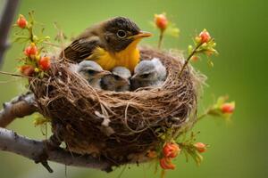 AI generated Highlight the tender moment a mother bird watches over her chicks photo