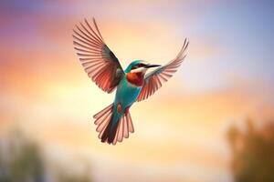 AI generated Freeze the elegance of a bird mid-flight, wings spread against a colorful sky photo