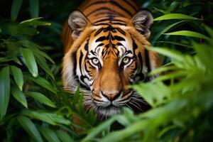 AI generated Focus on the intense gaze of a prowling tiger amidst lush foliage photo