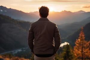 AI generated a man looking at the sun in the mountains view from the back photo