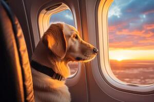 AI generated Dog on airplane near window at sunset photo