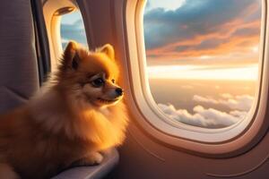 ai generado perro en avión cerca ventana a puesta de sol foto