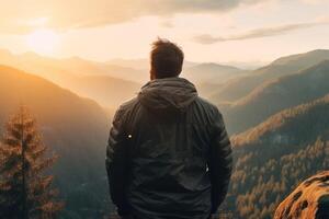 AI generated a man looking at the sun in the mountains view from the back photo