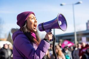 AI generated A woman with a loudspeaker speaks to the crowd photo