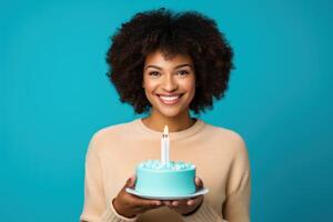 AI generated Woman with afro curls holding cake with candles on blue background photo