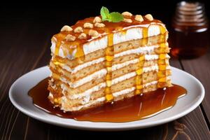 AI generated Slice of delicious layered honey cake served on wooden table photo