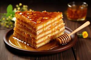 AI generated Slice of delicious layered honey cake served on wooden table photo