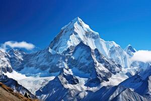 ai generado capturar el grandeza de nevadas picos en contra un claro azul cielo foto