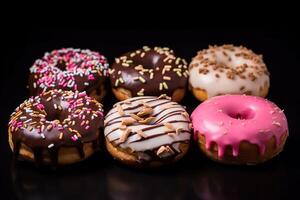 AI generated frosted donuts are shown in dark background photo