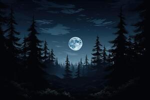 AI generated Dark fir trees and full moon silhouette at night photo