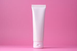 AI generated Photo of a white plastic cosmetic package tube, pink background