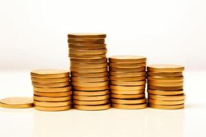 AI generated Many golden coins stacked on wooden table against white background photo