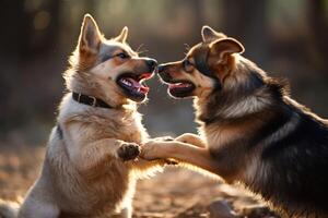 ai generado par de juguetón mascota comprometido en un simpático lucha partido foto