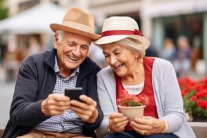 ai generado foto de Pareja personas utilizando Internet inteligente teléfono móvil teléfono con contento