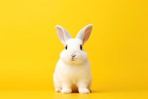 AI generated Cute white rabbit on yellow background with copy space for text photo