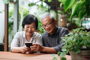AI generated Photo of couple people using internet smart phone mobile phone with happy