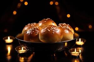 AI generated Delicious sweet buns in bowl and decor on table against black background with blurred lights photo