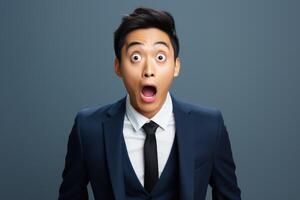 AI generated Young man with asian features dressed in suit is shocked, solid background photo