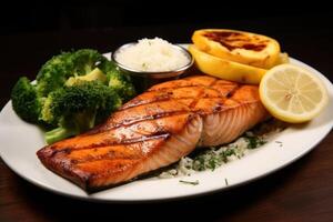 AI generated Grilled salmon on table photo