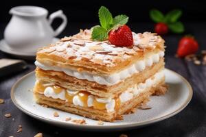 AI generated Piece of delicious Napoleon cake served on table, closeup photo