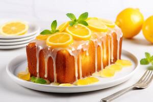 AI generated Tasty lemon cake with glaze on white table, closeup photo