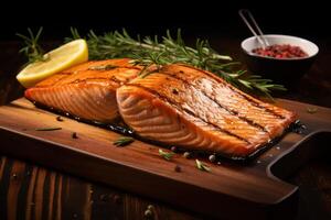 AI generated Grilled salmon on table photo