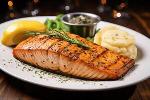 AI generated Grilled salmon on table photo