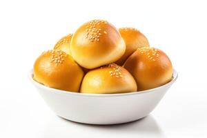 AI generated Delicious sweet buns in bowl isolated on white background photo