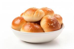 AI generated Delicious sweet buns in bowl isolated on white background photo