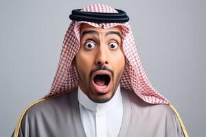 AI generated Young man arab with features dressed in suit is shocked photo