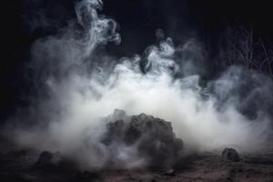 AI generated Defocused smoke on a dark Halloween background obscures foggy cement photo