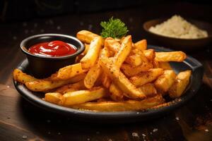 AI generated Hot crispy fries on the table photo
