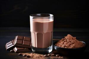 ai generado proteína polvo y chocolate bebida en un vaso foto